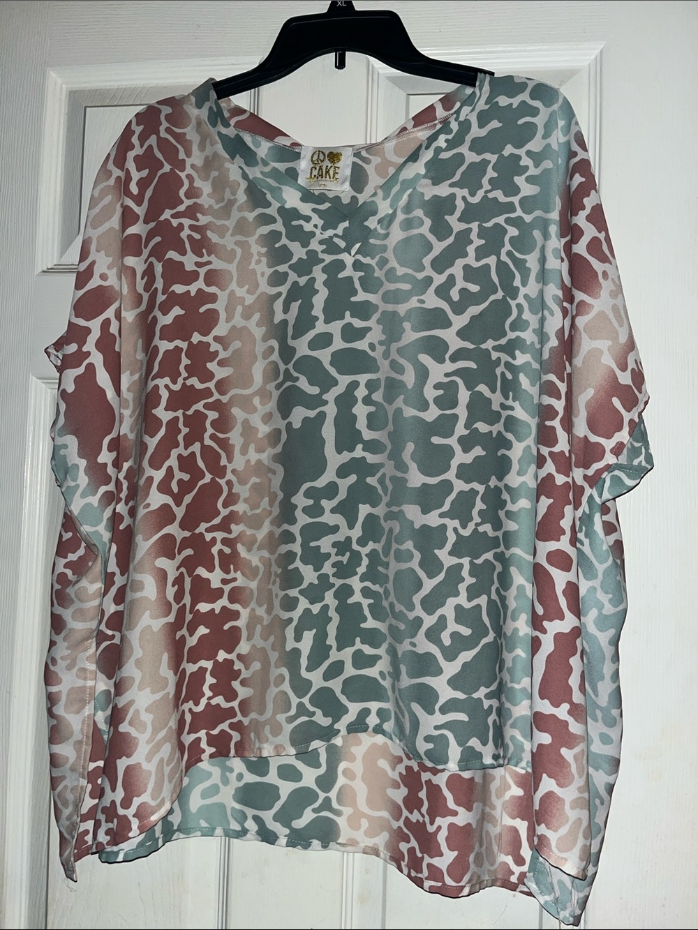 Cake Sheer V-Neck Printed Blouse in Green and Mauve